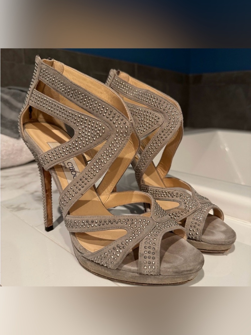 Jimmy Choo Taupe Suede Studded Strappy High Heels